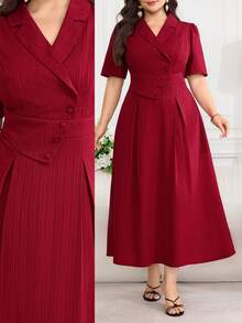 Modelyn 大尺碼女款素色簡約日常長版晚禮服洋裝 - 酒紅色 - 查看 4