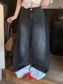 FRIFUL Celana Jeans Denim Wanita Kasual Serbaguna untuk Aktivitas Sehari-hari dengan Potongan Lebar dan Kantong - Hitam - View 10
