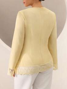 Graceveil Plus Size Women's Bell Sleeve Lace Patchwork Cinched Waist Asymmetrical Hem Blouse Fall - Yellow - View 3