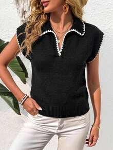 SHEIN LUNE Top de punto con cuello en V y ribete de contraste, conjunto básico de moda casual para mujer, ideal para vacaciones de verano, ir al trabajo, uso diario y salidas - Negro - Ver 2