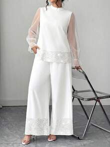Elenzga Plus Size Simple Elegant Versatile Patchwork Women's Set - White - View 4