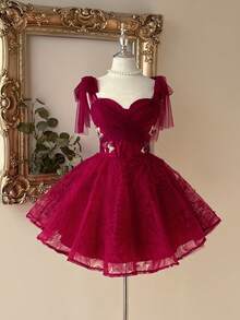 Lovelzi Elegant Light Green Mesh Strapless Bow-Tie Embroidered Floral A-Line Peplum Dress With Adjustable Back Tie,Suitable For Weddings,Proms & Graduations - Burgundy - View 1