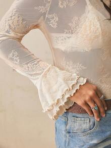 Freevana Women's Plus Size Long Sleeve Sheer T-Shirt, White Sequin Flocked Lace Knit Top, Slim Fit, Ruffle, Elegant Boho Western Casual Autumn Tea Party - Apricot - View 1