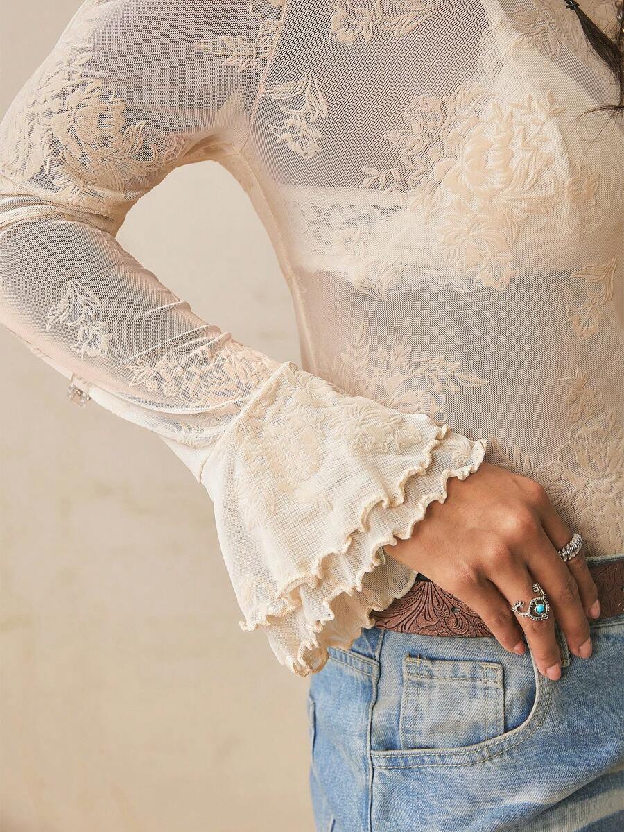 Freevana Women's Plus Size Long Sleeve Sheer T-Shirt, White Sequin Flocked Lace Knit Top, Slim Fit, Ruffle, Elegant Boho Western Casual Autumn Tea Party - Apricot - View 1
