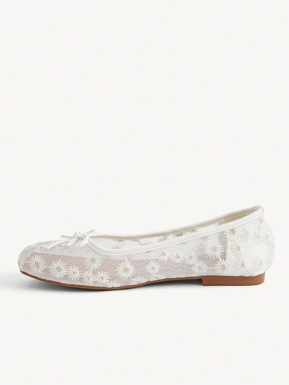 CUCCOO CHICEST Women's Shoes Square Head White Lace Flower Mesh Fabric Bow Decoration Fashionable Simple Breathable Daily Commuting Elegant Flat Shoes