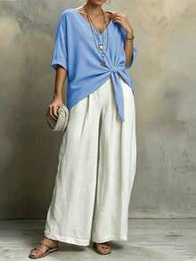 Weeklong Plus Size Casual Vacation Loose Hem V-Neck Short Shirt Vacation Light Blue Summer - Blue - View 4