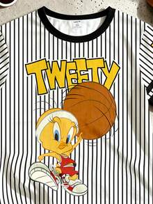 LOONEY TUNES X SHEIN GraphicGems 小男孩短袖T恤2件套，夏季黑白直條紋籃球印花短袖運動短褲套裝 - 黑色 - 查看 3