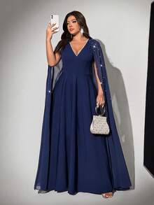 Viva Relle Plus Size Women's V-Neck Faux Pearl Decor Mesh Patchwork Casual Party Dress Fall - Navy Blue - View 4