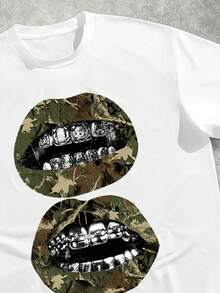 Manfinity ZONE917 Men's Lip Print Short Sleeve T-Shirt And Branch Print Drawstring Waist Shorts Casual Set - Army Green - View 2