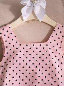 SHEIN Elladie kids 1件少女夏季新款露肩無袖背心上衣 波點印花 後背V領設計 隱形拉鍊 可拆卸大蝴蝶結 裙襬收褶 簡約百搭沙灘度假洋裝 - 粉色 - 查看 7