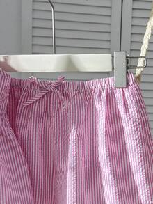 SHEIN 青少年女孩條紋繫帶吊帶上衣與短褲套裝 - 粉色 - 查看 5