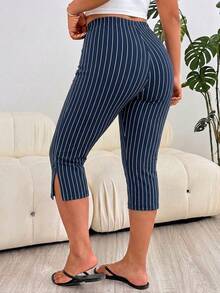 Solflare Blue Striped Plus Size Women's Split Hem 7/8 Length Leggings - Multicolor - View 2