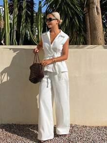 Livesso Women's Sleeveless V-Neck Belted Top And Loose Long Pants Denim Set - White - View 6