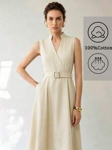 Uhlyne Uhlyne Navy Stand Collar Sleeveless Belted A-Line Cotton Blend Summer Commute & Casual Dress - Apricot - View 7