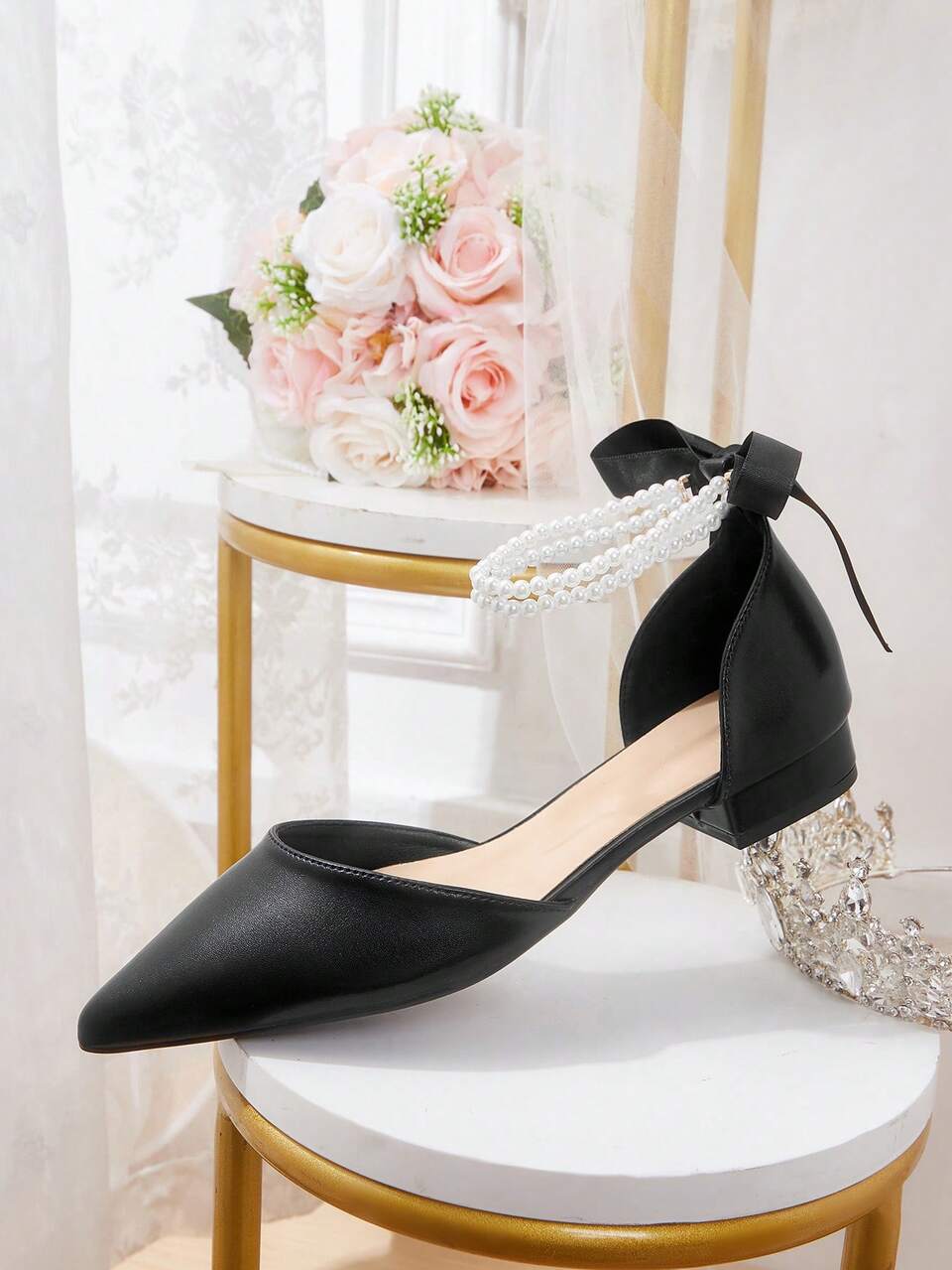 CUCCOO HITCHD Spring And Summer New Black Pearl Bow Women's Flat Shoes Low Heel Daily Commute Comfortable And Elegant Wedding Women's Hollow Shoes