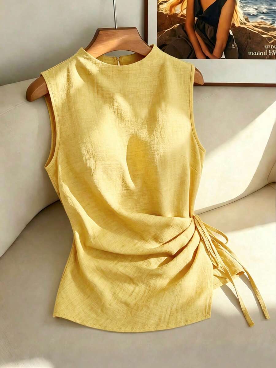 Franclia Damen Lässig Elegant Pendler Abend Formal Ärmellos Kunstleinen Textur Bindung Vorne Plissee Bluse Urlaub Buttergelb Sommer - Gelb - Übersicht 1