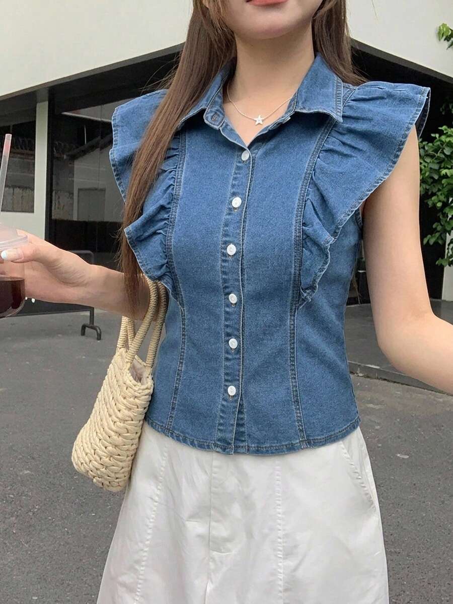 DAZY 女款韓式修身優雅夏季牛仔上衣,適合年輕女孩 - 淺藍色 - 查看 1