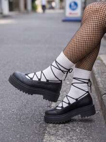 Women's Drawstring Platform Shoes - Black - View 4
