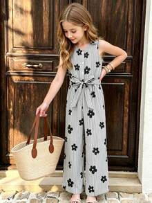 SHEIN Genkimix Kids 女童度假休閒百搭萬能翻領前扣式附腰帶舒適柔軟皺褶面料牛仔風連身長褲，適合秋季、野餐、出遊、姐妹裝、日常穿著 - 黑與白 - 查看 7