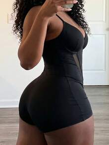 Slaydiva Plus Size Women's Mesh Patchwork Sexy Casual Outing Camisole Romper - Black - View 6