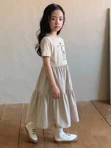 DAZY 女童圓領休閒印花清新可愛拼色連身裙 夏季 - 杏色 - 查看 3