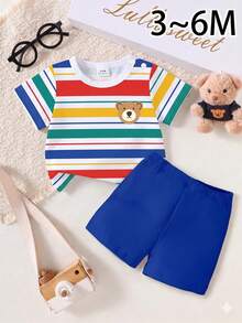 SHEIN Playful Pals 2pcs/Set Baju Bayi Laki-laki Motif Beruang Lucu & Garis-garis Leher Bulat Lengan Pendek + Celana Pendek Biru Tua, Cocok Untuk Beraktivitas di Musim Panas - MultiWarna - View 4