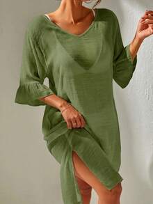 Swim Basics Women's Solid Color V-Neck Ruffle Sleeve Mask Dress For Vacation - Army Green - View 1