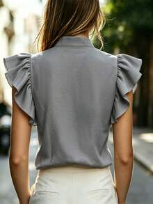 SHEIN 女款小立領荷葉袖上衣，舒適面料V領上衣，適合度假、日常穿著、休閒、海灘、約會、派對、都市夏季假期，百搭風格 - 灰色 - 查看 2