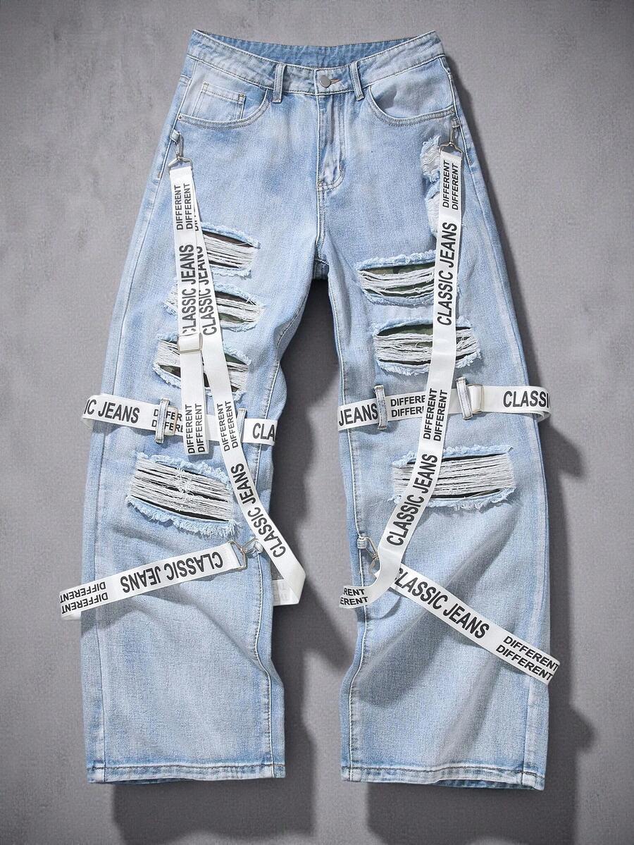 Manfinity Denimwave 男士字母印花飾帶裝飾水洗破舊口袋拉鍊牛仔褲 - 淺色水洗藍 - 查看 1