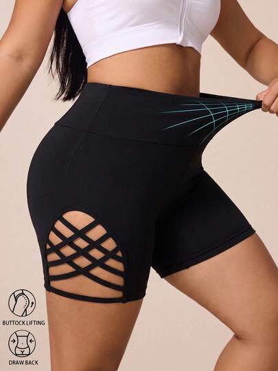 SHEIN Dewbera Plus Size Women's Spring/Summer Black Tight Sexy Mid-Waist Sports Shorts With Side Thin Straps And Criss-Cross Hollow Design, Suitable For Casual Wear, Running, Yoga, Gym, Tennis, Golf, Cycling