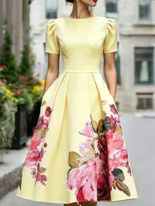 SHEIN 女款優雅花卉印花夏季長洋裝 - 黃色 - 查看 1