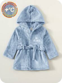 SHEIN 新生兒男嬰可愛毛茸茸字母圖案藍色連帽居家服浴袍睡袍 秋冬款 - 霧霾藍 - 查看 3