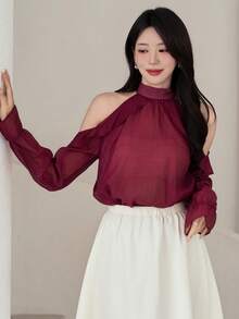 DAZY Top de verão suave estilo INS rosa com decote halter, manga comprida em chiffon, ombros descobertos e bainha com folhos, top elegante de férias para mulher - Roxa - Ver 6