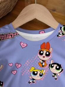 THE POWERPUFF GIRLS X SHEIN 女婴休闲卡通印花上衣，夏季 - 白色 - 查看 3