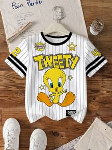 LOONEY TUNES X SHEIN Tween Girls' Casual Striped Cartoon Print Round Neck Short Sleeve T-Shirt, Summer - White - View 8