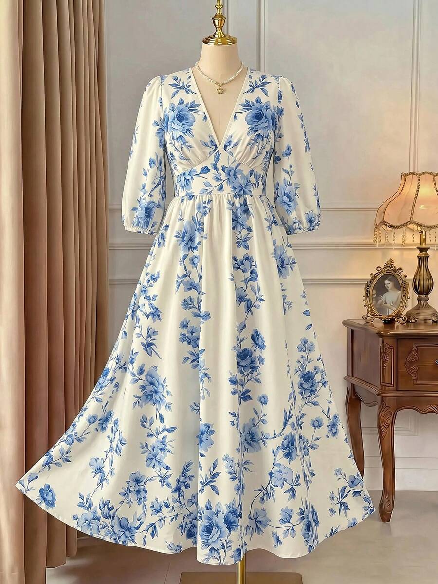 Rometta Women's Plus Size Deep Shirred Mid-Length Lantern Sleeve Cinched Waist Back Ruched Bow Tie Full Skirt Floral Print Beige Flower Long Dress - Blue - View 1