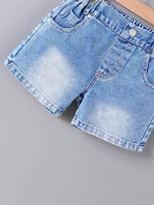 SHEIN 男童牛仔短褲，夏季新品，淺藍色水洗休閒復古，彈性腰帶，經典百搭，時尚休閒單品，優質棉質牛仔面料，適合上學、日常出遊、戶外活動、度假 - 淺色水洗藍 - 查看 7
