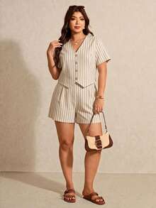 Elaquor Plus Size Women's Summer Casual Commute Striped Shirt And Shorts 2 Pieces Set - Apricot - View 5