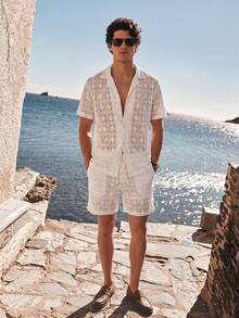Manfinity VDAYZ Men Hollow-Out Knit Shirt And Shorts Set, Fashion For Summer Summer Two Pieces Set For Men Men Vacation Men Shirt Co Ords Men Summer Clothes Set, Cozy Outfits - White - View 5