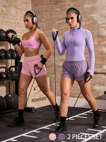 Powerista 女款粉色+灰紫色 2合1運動短褲套裝 2件組 - 彩色 - 查看 12