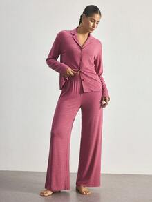 Ocili Soft Floral Print Pajama Set With Collar, Long Sleeve Top And Pants For Women - Red Violet - View 7