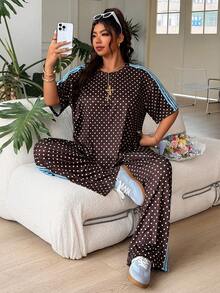 SHEIN EZwear 大尺碼女款波點印花短袖T恤與長褲休閒兩件套 - 棕色 - 查看 2
