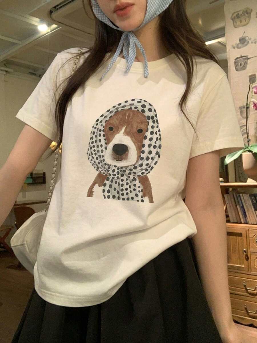 DAZY 女款圓領卡通頭巾小狗韓系風格春夏短袖T恤圖案印花可愛上衣 - 杏色 - 查看 1