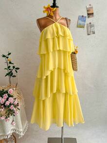 Soleia Nouvelle robe longue élégante et romantique pour invitée de mariage, couleur unie, dos nu, volants multicouches en mousseline, bohème, boho, floral romantique, vacances, fête florale, rendez-vous, Saint-Valentin, Pâques, carnaval, thé de l'après-midi, plage, croisière, vacances, rue de la ville, vacances - Jaune citron - Voir 5