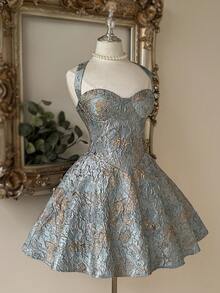 Lovelzi Elegant Light Blue Jacquard Fabric Strapless Backless A-Line Skirt Ball Gown, Fashionable Dress For Graduation,Wedding Event,Birthday Party - Blue - View 4