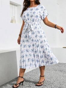 Vionelle 大尺碼圓領短袖全身印花休閒前綁帶長洋裝女裝套裝 - 白色 - 查看 6