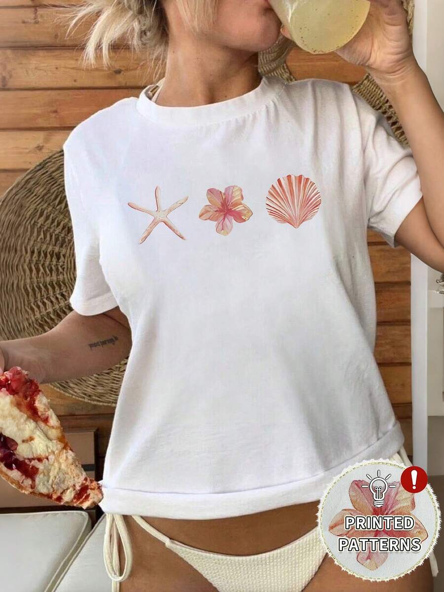 INAWLY Beach Vacation Patchwork Aesthetic, Ocean Starfish Pearl Print, Suitable For Women's Summer Tops & T-Shirts - White - View 1