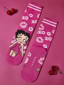 Betty Boop x SHEIN 2雙女款可愛卡通角色圖案中筒襪，禮物，XOXO，親吻，愛，禮物靈感，派對，節日，情人節 - 彩色 - 查看 9
