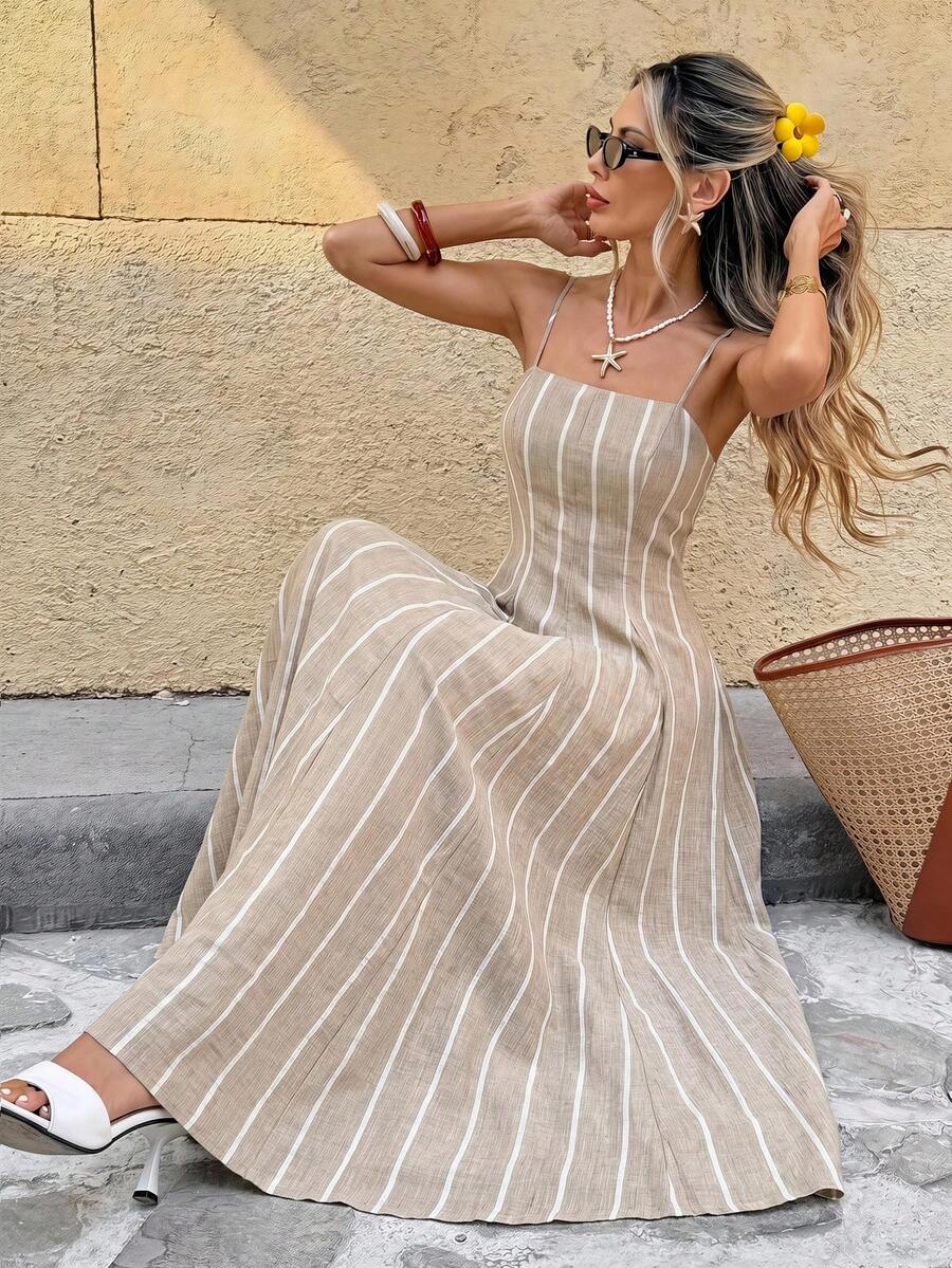 SHEIN Frenchy Vestido de tirantes para mujer estilo casual de vacaciones de verano con bloques de color, estampado a rayas y cintura ceñida - Multicolor - Ver 1