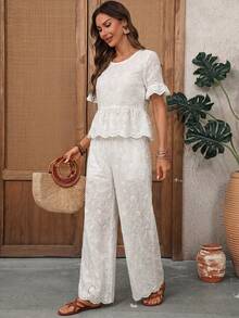 EMERY ROSE Women's Vacation Hollow Embroidery Ruffle Hem Shirt And Pants Casual 2 Pieces Set - White - View 5